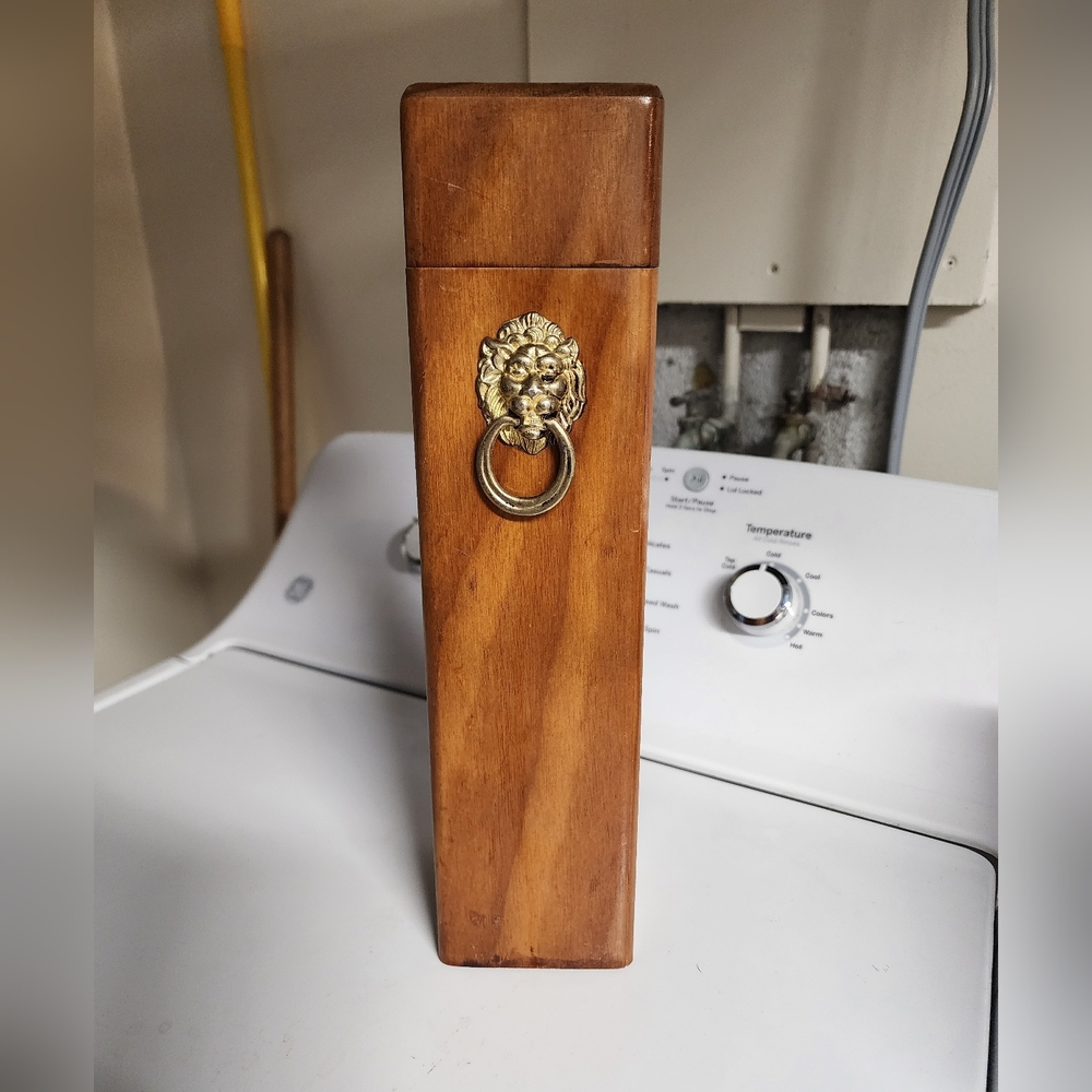 Vintage The Bombay Company Wooden Box Match Holder with Brass Lion 13" Tall